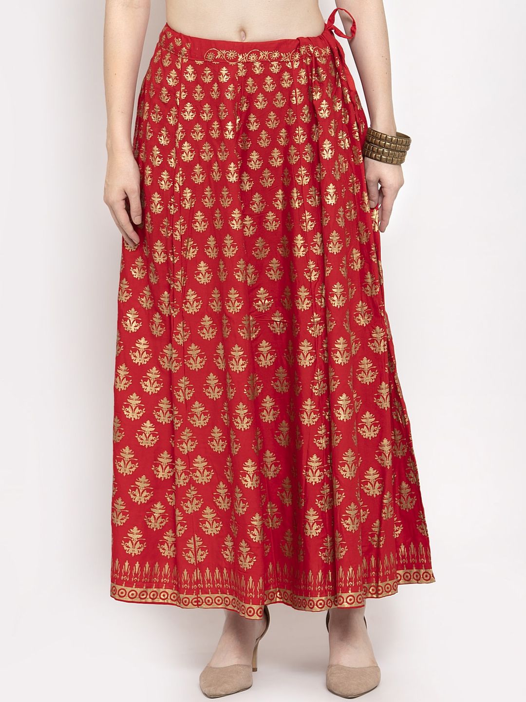 Clora Creation Women Red & Gold-Coloured Printed Flared Maxi Skirt
