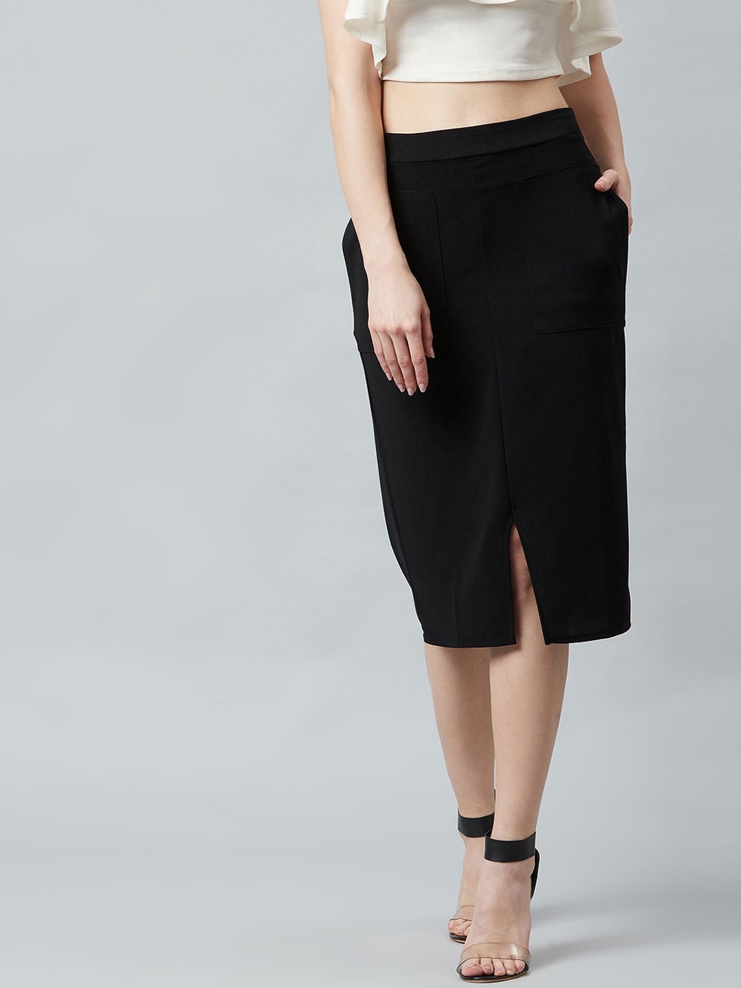 Athena Women Black Solid Pencil Midi Skirt