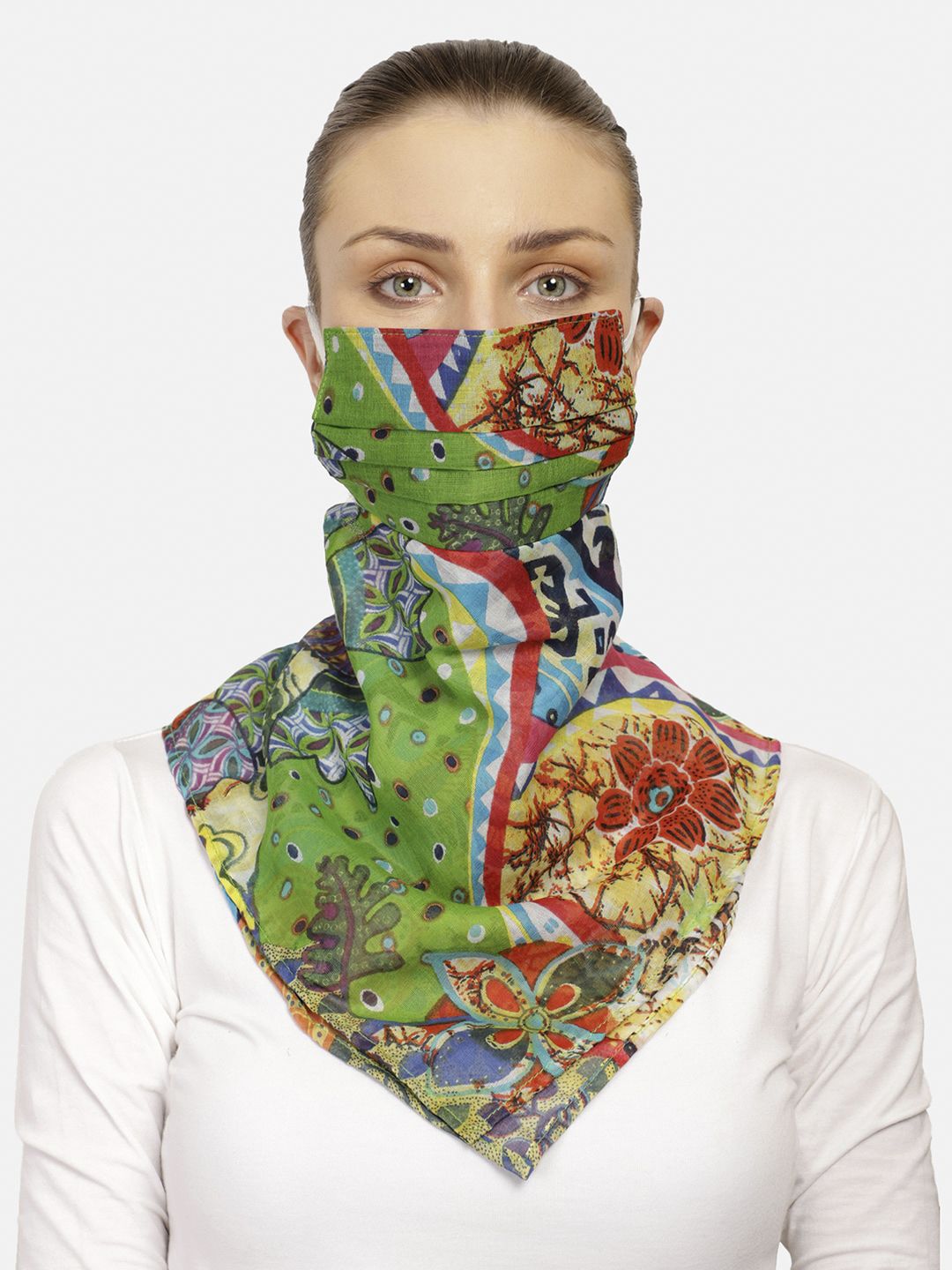 Anekaant Women Green & Pink Printed Cotton Reusable 3-Ply Scarf Style Cloth Mask Price in India