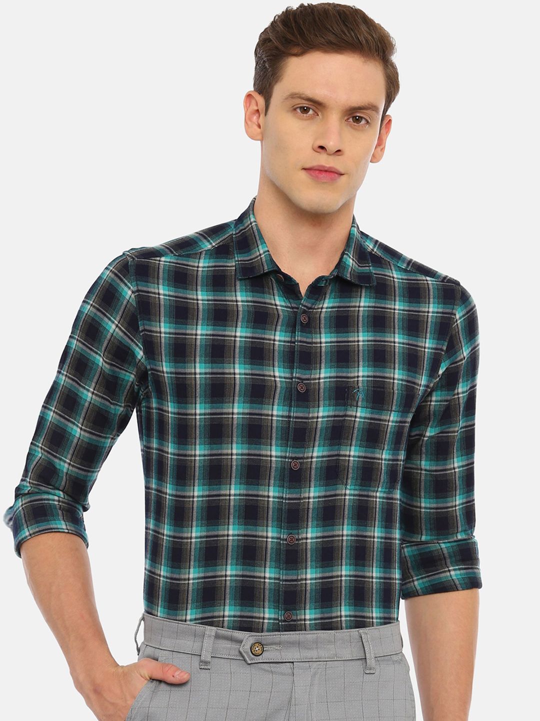 Classic Polo Men Green & Navy Blue Slim Fit Checked Casual Shirt