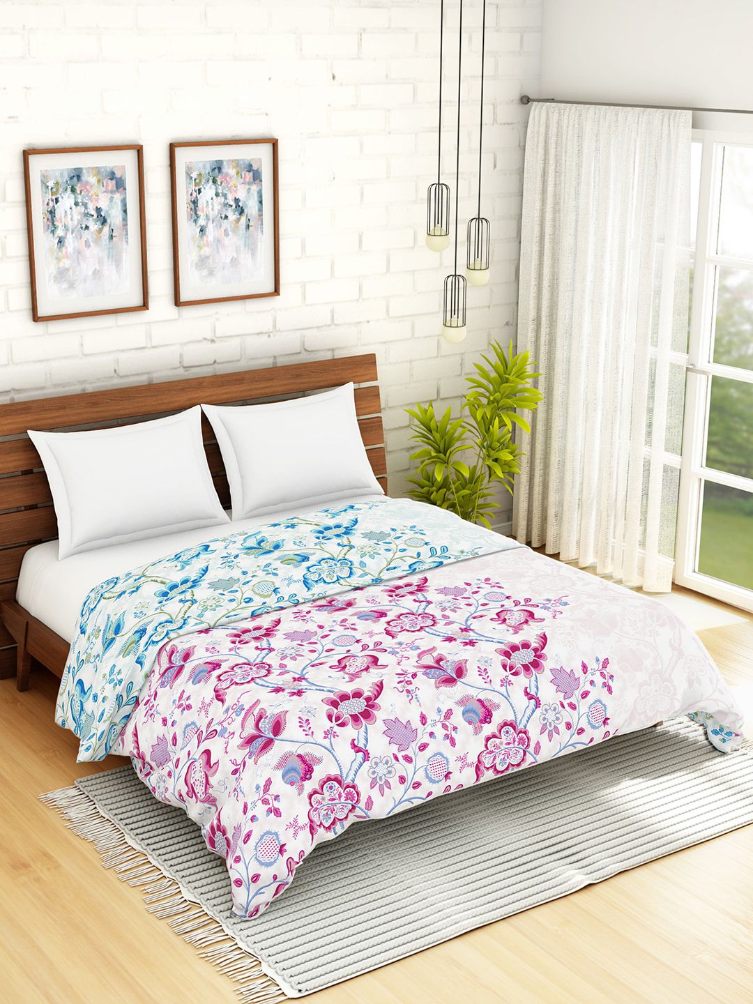 SPACES White & Pink Floral AC Room 150 GSM Double Bed Quilt Price in India