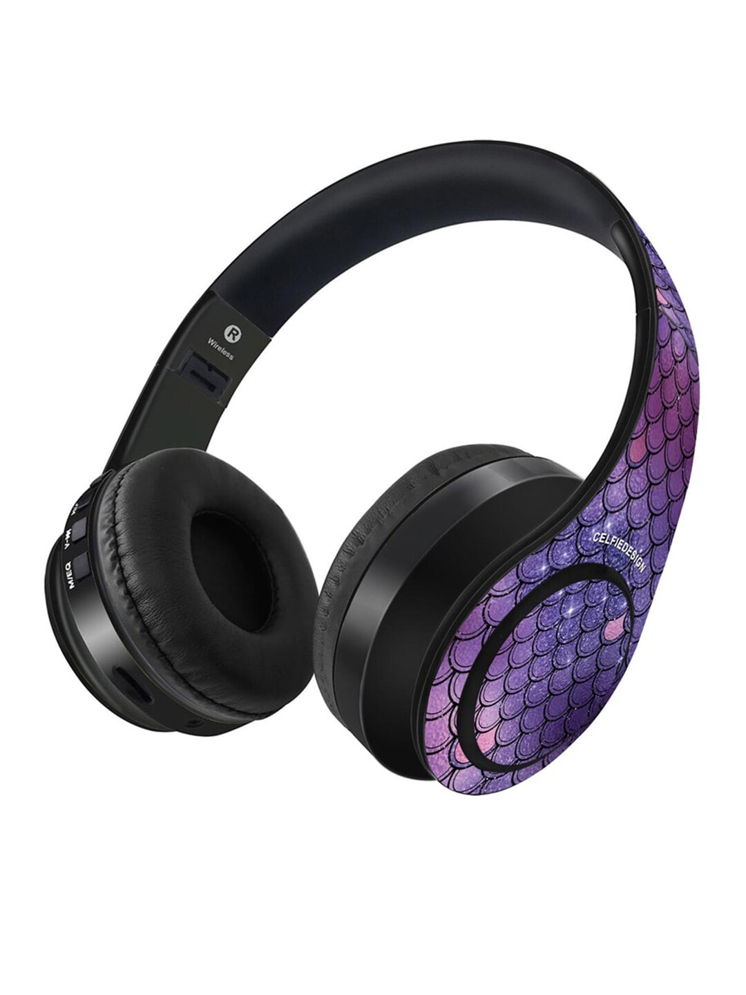 CelfieDesign Black & Purple Printed Wireless Bluetooth On Ear Headphones With Mic Price in India