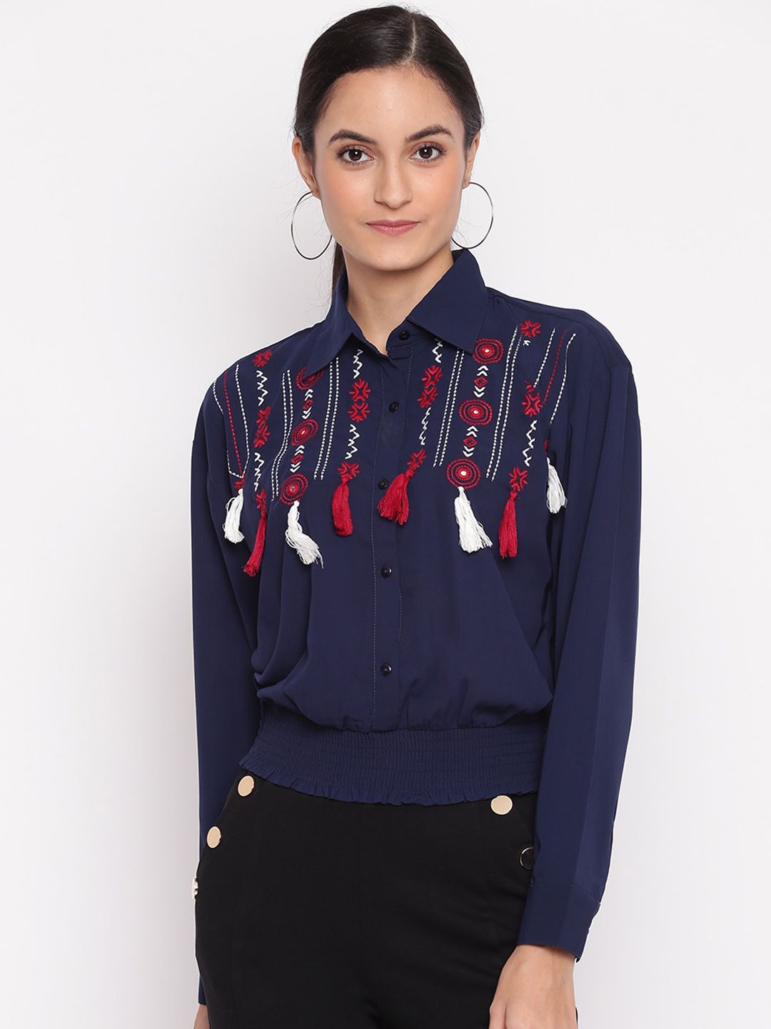 TRENDY DIVVA Women Navy Blue & Red Regular Fit Self Design Casual Shirt