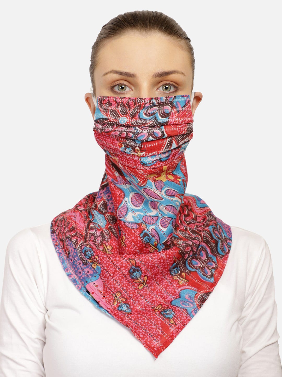 Anekaant Women Red & Blue Printed 3-Ply Reusable Scarf Style Fashion Mask Price in India