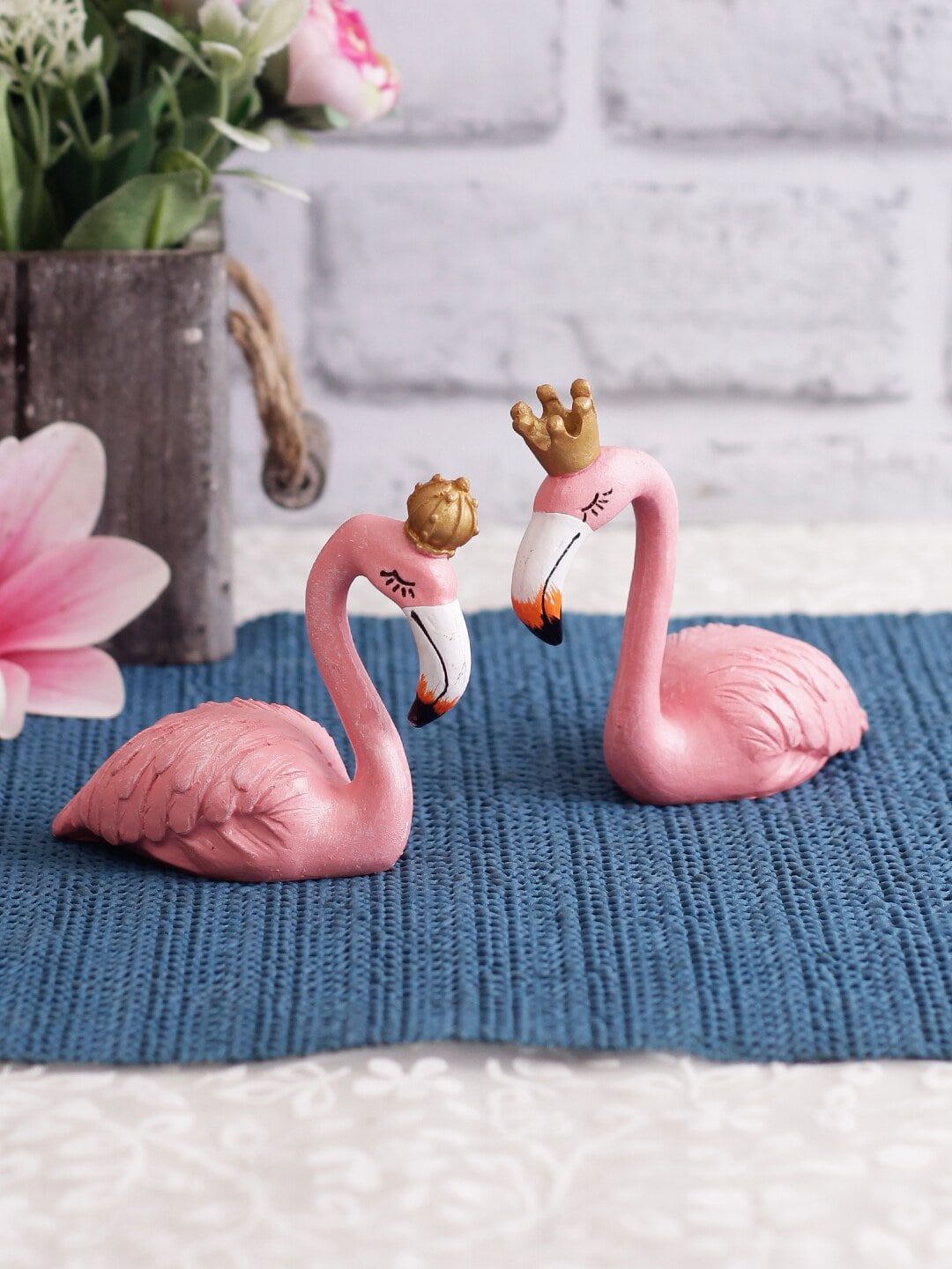 TAYHAA Set Of 2 Pink & White Polyresin King & Queen Flamingo Showpieces Price in India