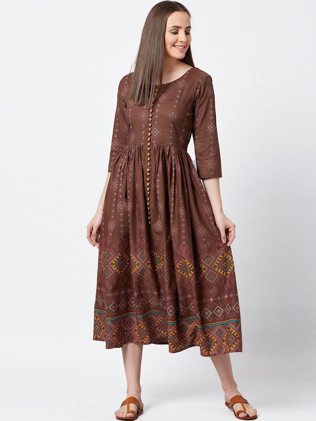 PANIT Women Coffee Brown Bandhani Printed Fit and Flare Dress Price in India