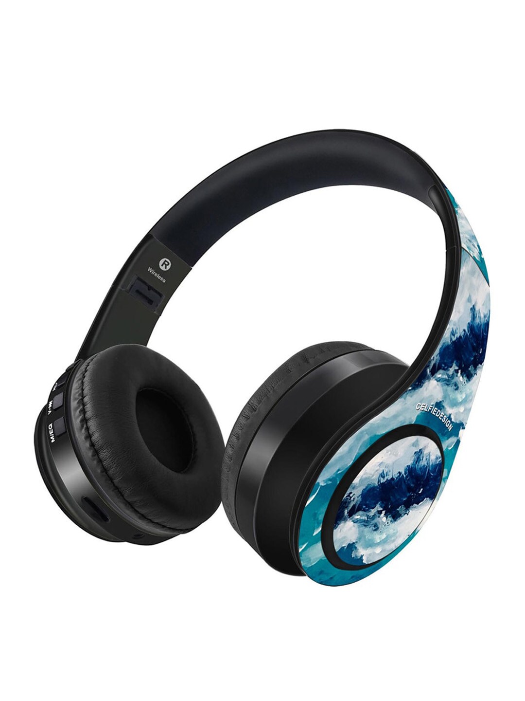 CelfieDesign Black & Blue Printed Frothy Waves Wireless Bluetooth On Ear Headphones With Mic Price in India