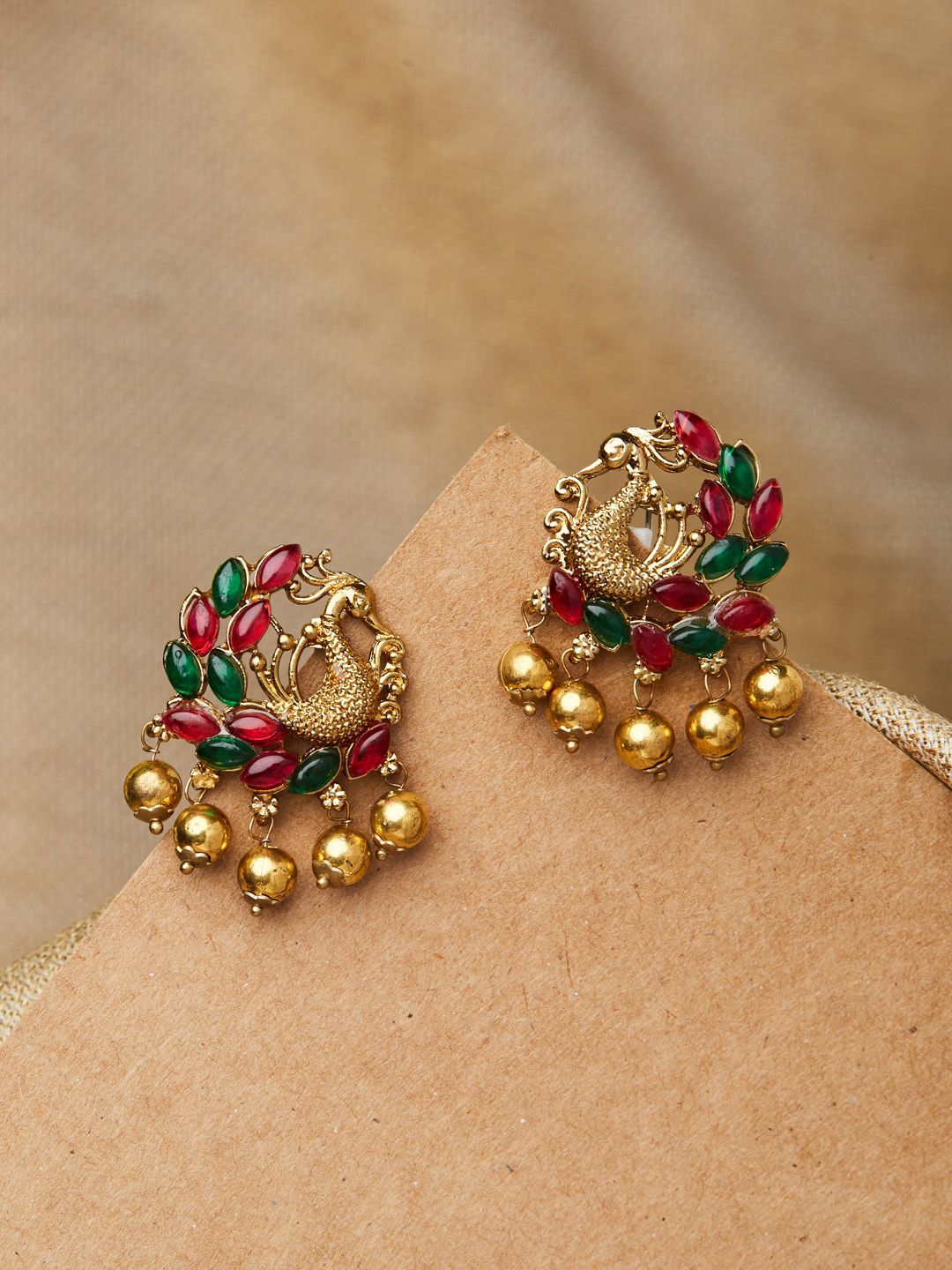Fida Gold & Green Peacock Shaped Studs Price in India