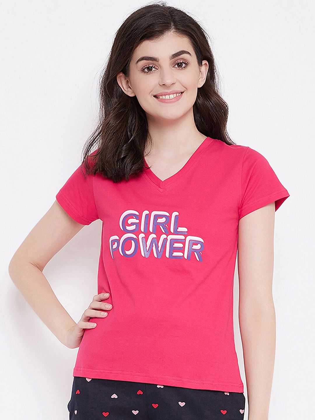 Clovia Women Pink Text Printed Lounge T-shirt Price in India