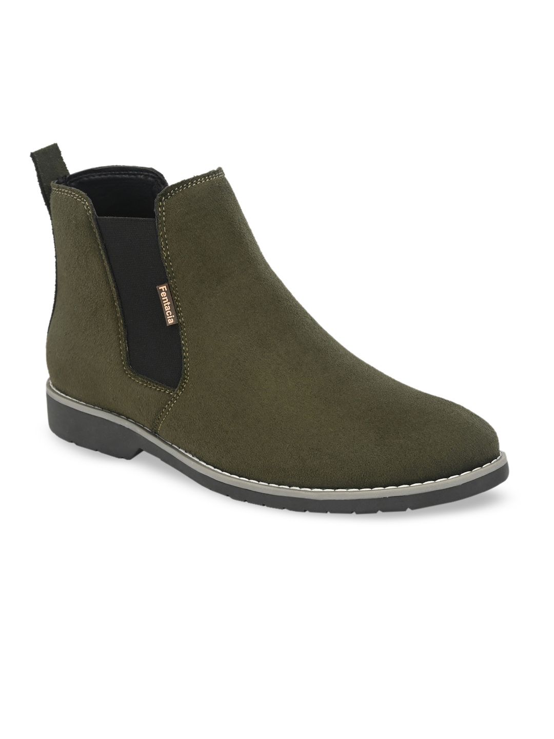 Fentacia Men Olive Green Solid Synthetic Suede High-Top Flat Boots