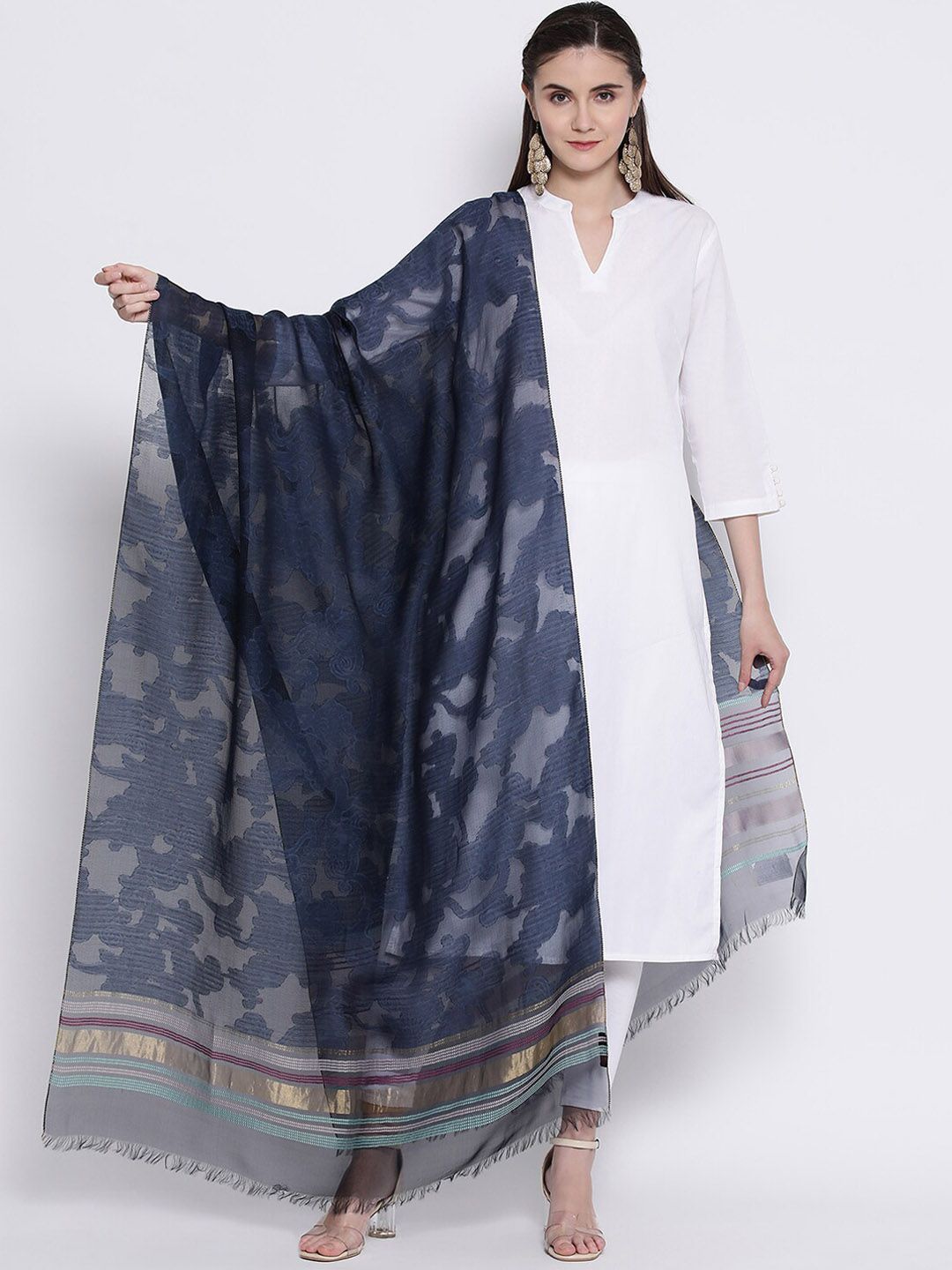 SHINGORA Women Navy Blue Printed Antiviral Coated Dupatta Price in India