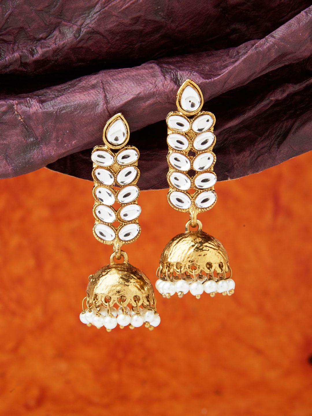 Fida Gold-Plated & White Kundan Dome Shaped Jhumkas Price in India