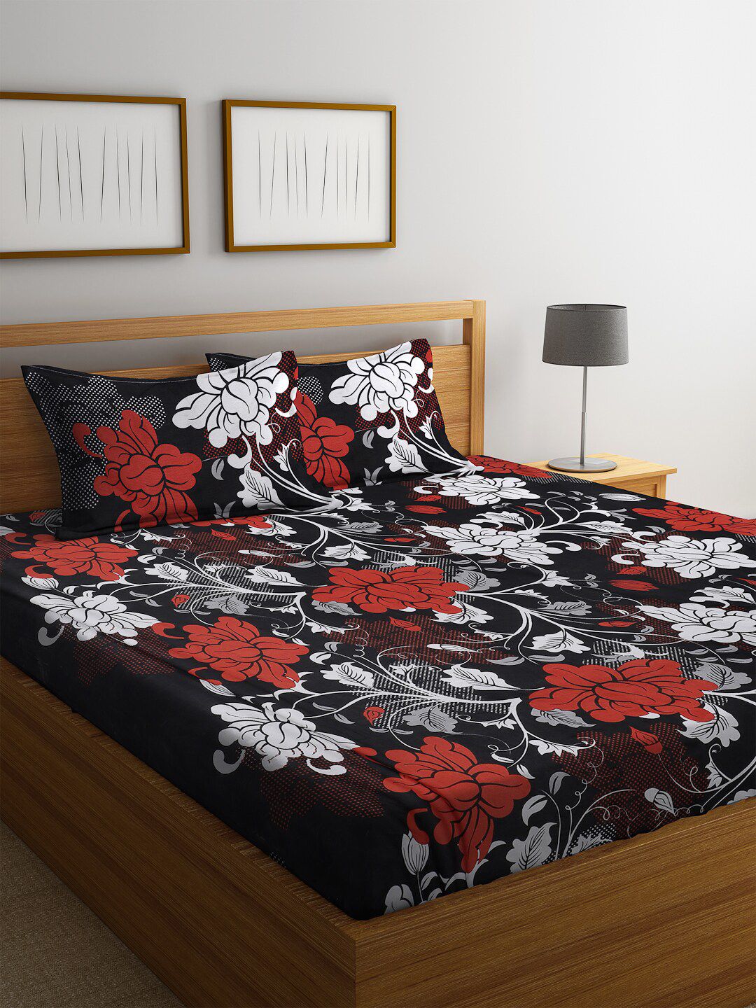 ROMEE Black & Red Floral 144 TC Cotton 1 Queen Bedsheet with 2 Pillow Covers Price in India