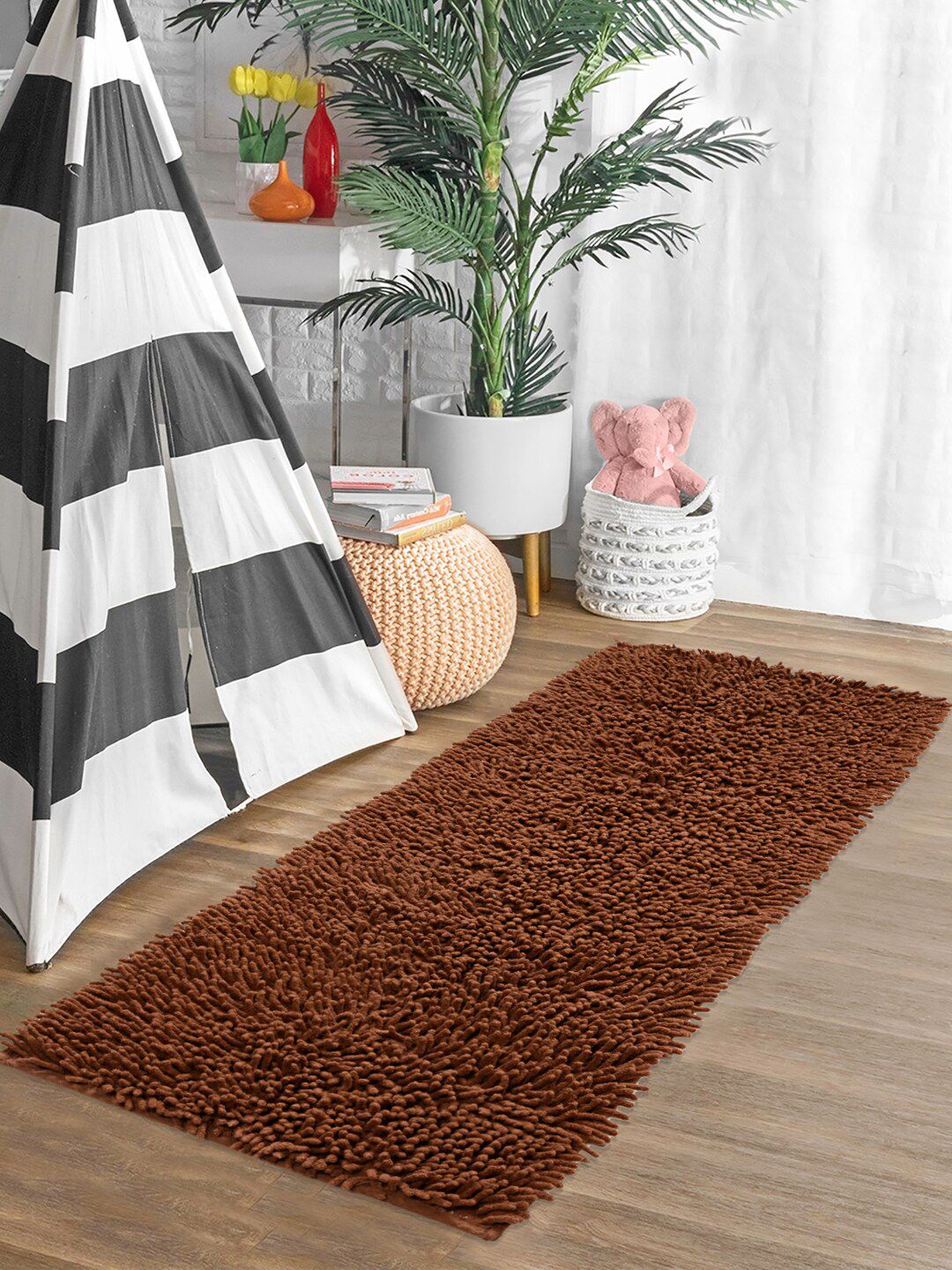 Saral Home Brown Solid Shaggy Anti-Skid Runner Price in India