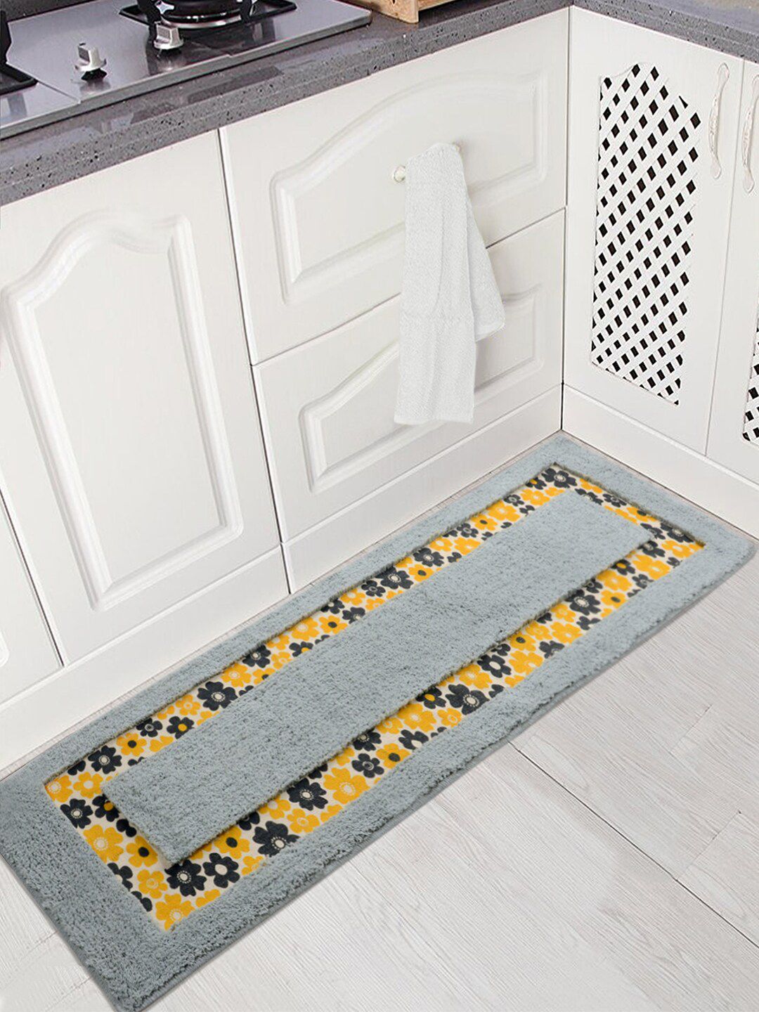 Saral Home Grey & Yellow Floral Anti-Skid Floor Runner Price in India