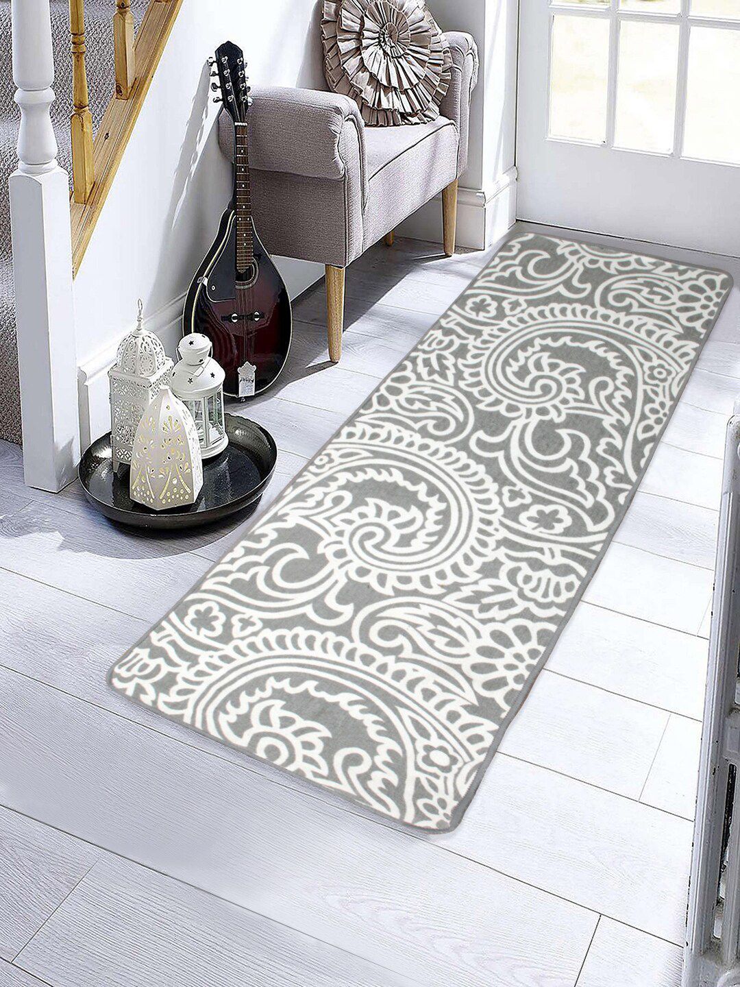 Saral Home White & Grey Floral Anti-Skid Floor Runner Price in India