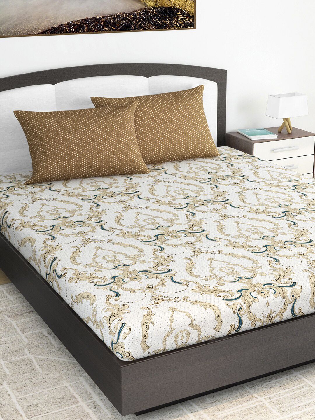 Divine Casa White & Beige Ethnic Motifs 144 TC Cotton 1 King Bedsheet with 2 Pillow Covers Price in India