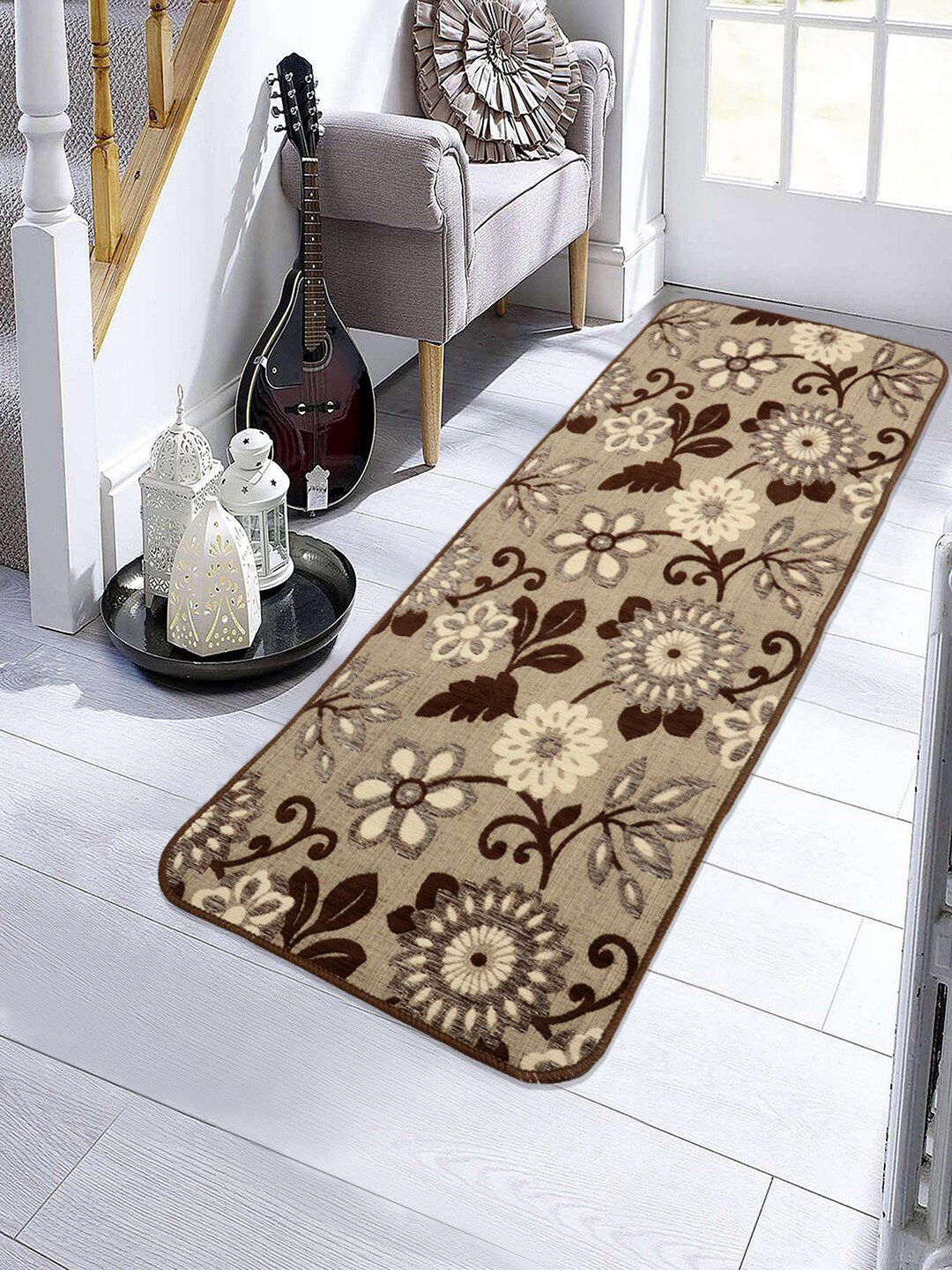 Saral Home Brown & Beige Floral Tufted Shaggy Anti-Skid Floor Runner Price in India