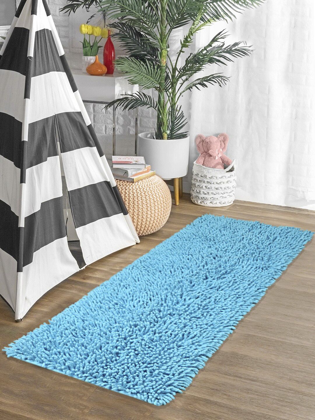 Saral Home Unisex Turquoise Blue Solid Shaggy Anti-Skid Runner Price in India