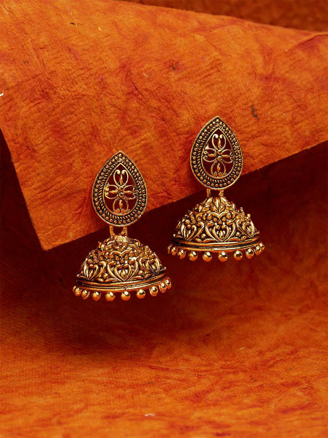 Fida Gold-Plated & Maroon Dome Shaped Jhumkas Price in India