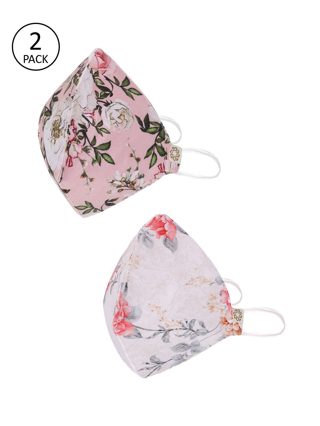 VASTRAMAY Unisex Pack of 2 Pcs Pink Floral Print Reusable 4-Ply Cloth Masks With Potli Bag Price in India