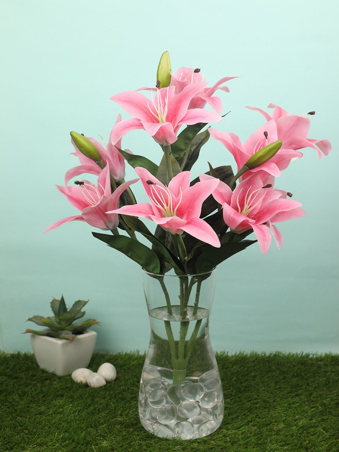 PolliNation Pink & Green Splendid Artificial Lily Flower Bunch Price in India
