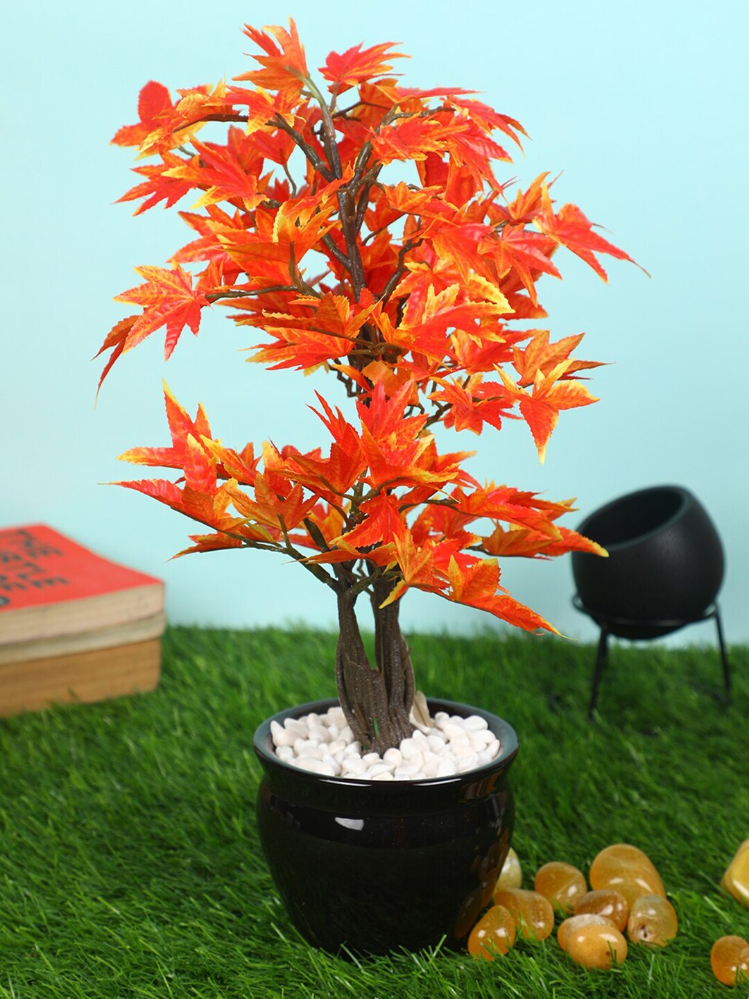 PolliNation Orange & Black Premium Artificial Maple Bonsai with Ceramic Pot Price in India