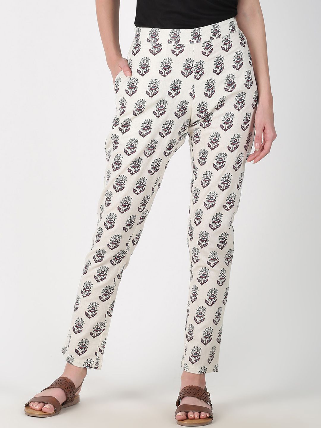 Saffron Threads Women White & Maroon Original Regular Fit Printed Cigarette Trousers Price in India