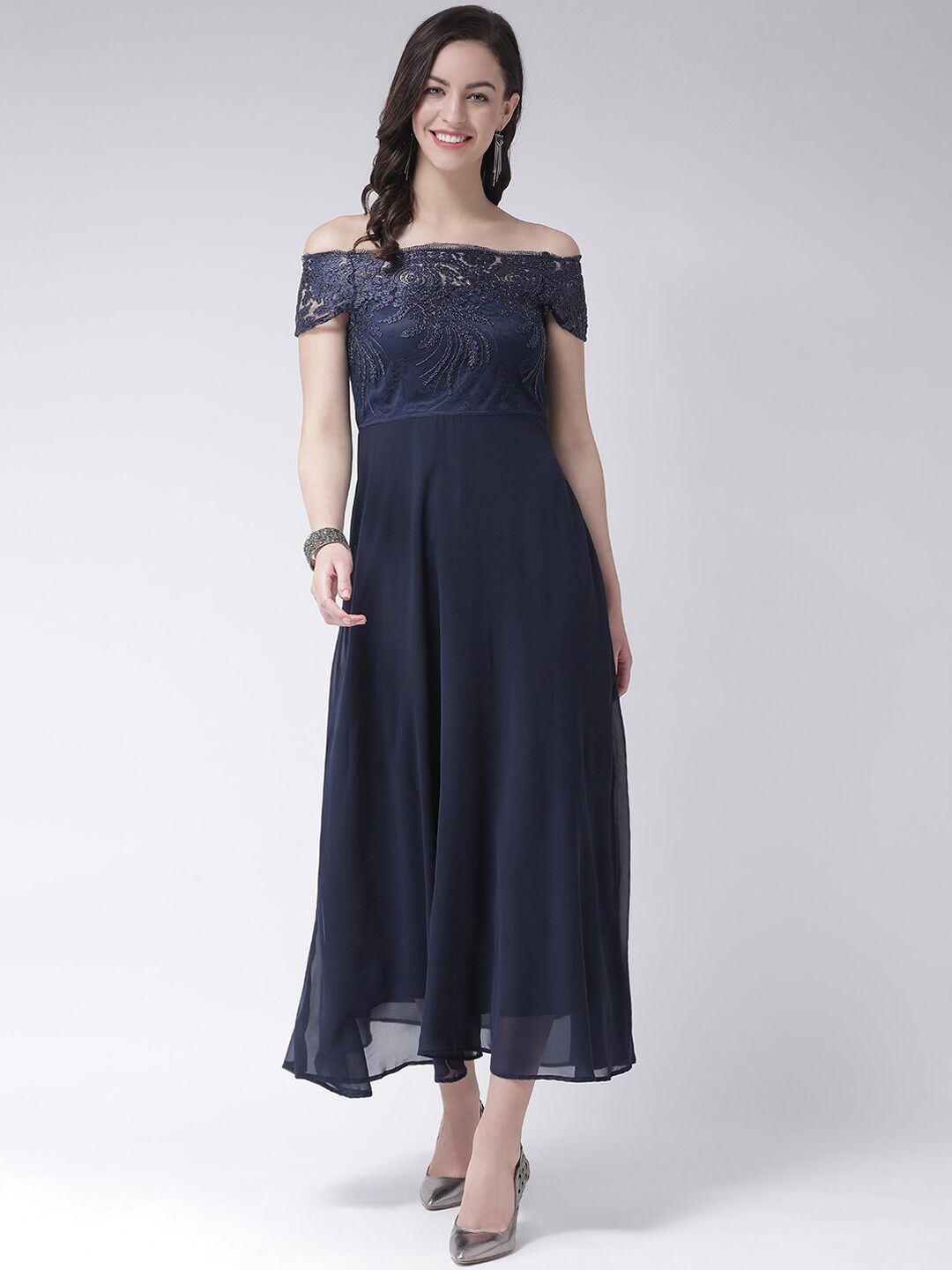 Latin Quarters Women Navy Blue Self Design Maxi Dress