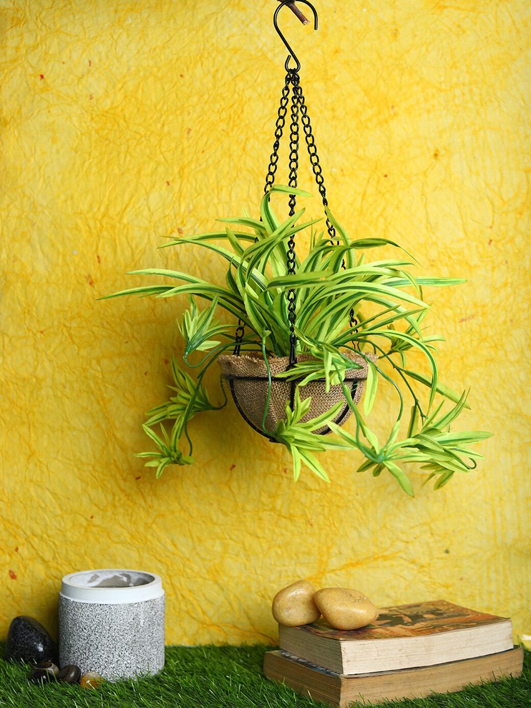 PolliNation Yellow Artificial Baby Spider Bush in Jute Planter with Hanging Metal Stand Price in India