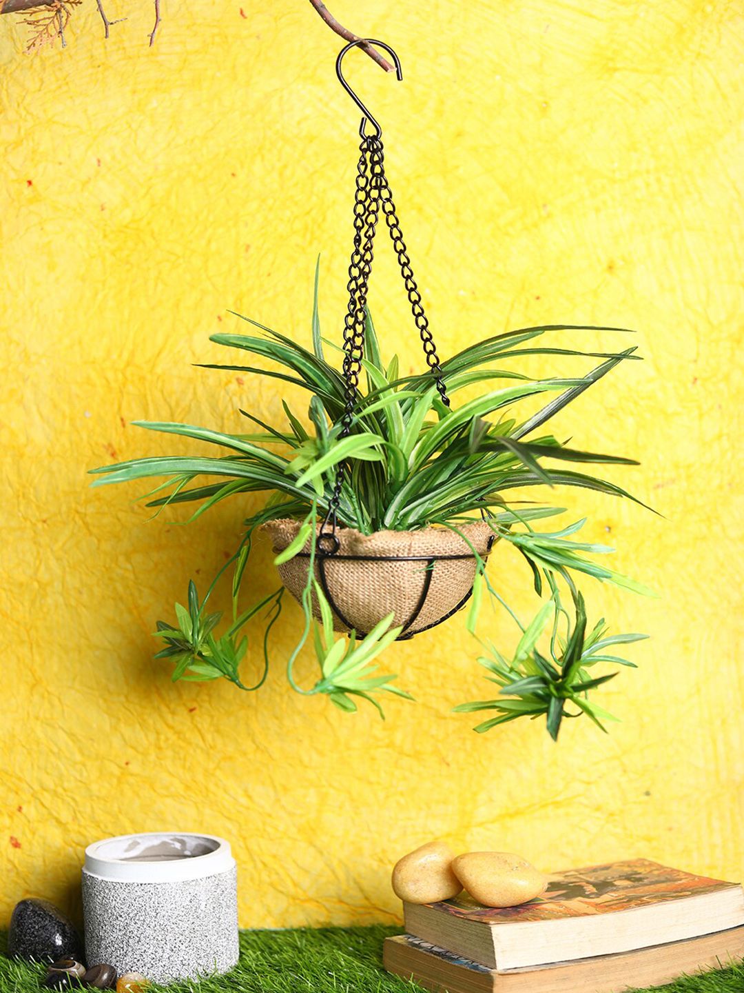 PolliNation Green Artificial Baby Spider Bush in Jute Planter with Hanging Metal Stand Price in India