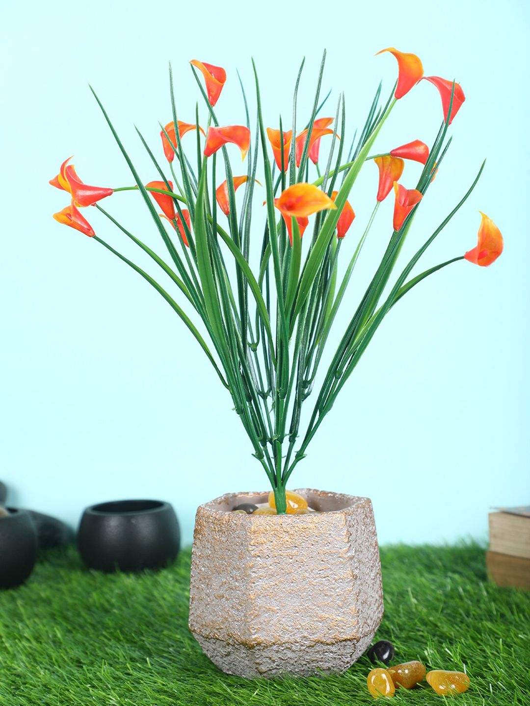 Pollination Orange Vibrant Artificial Calla Lily Bunch For Decor without Pot Price in India