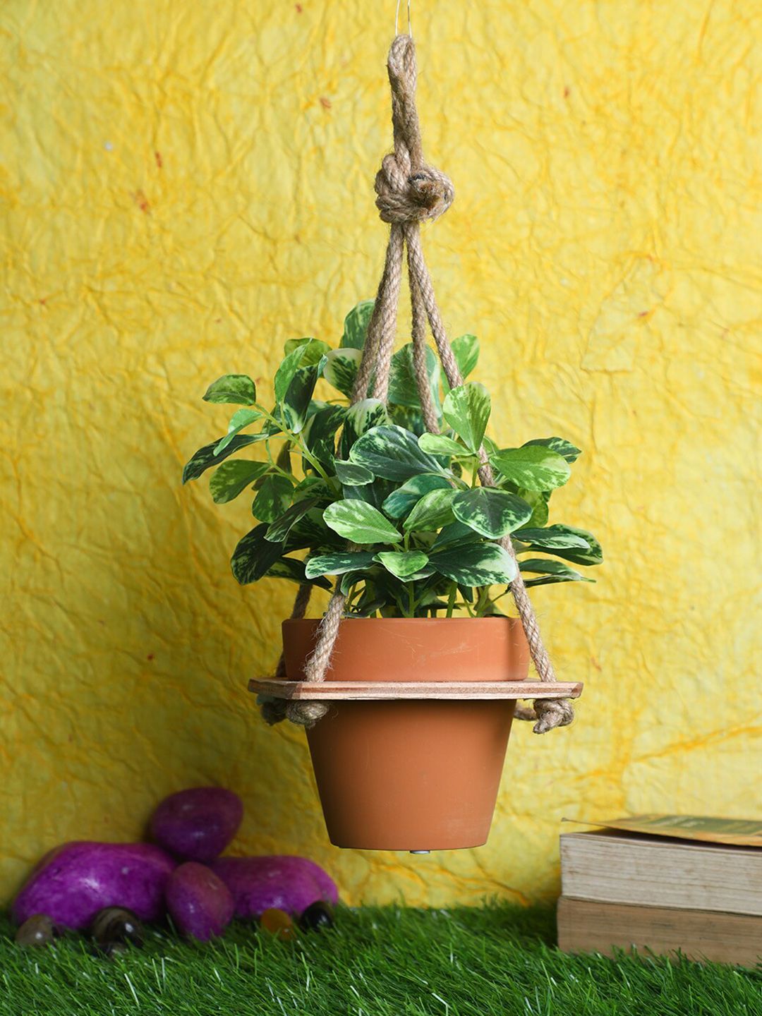 PolliNation Green Artificial Peperomia Jade Bonsai with Ceramic Pot & Hanging Stand Price in India