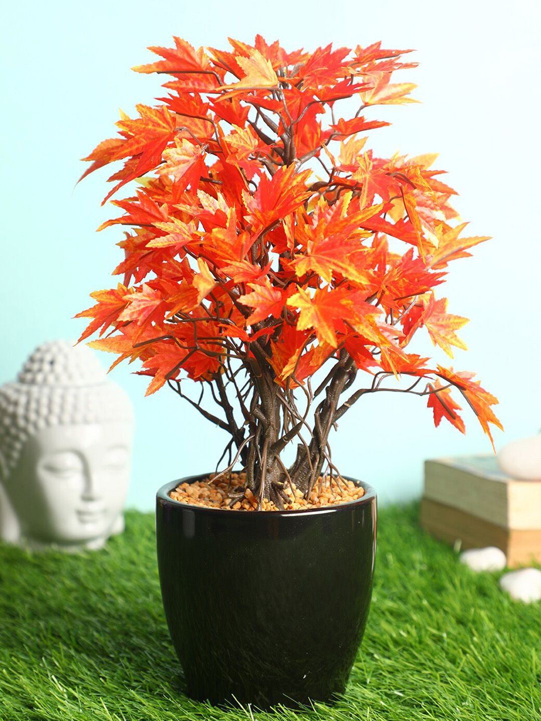 PolliNation Orange Decorative Artificial Maple Bonsai with Black Ceramic Pot Price in India