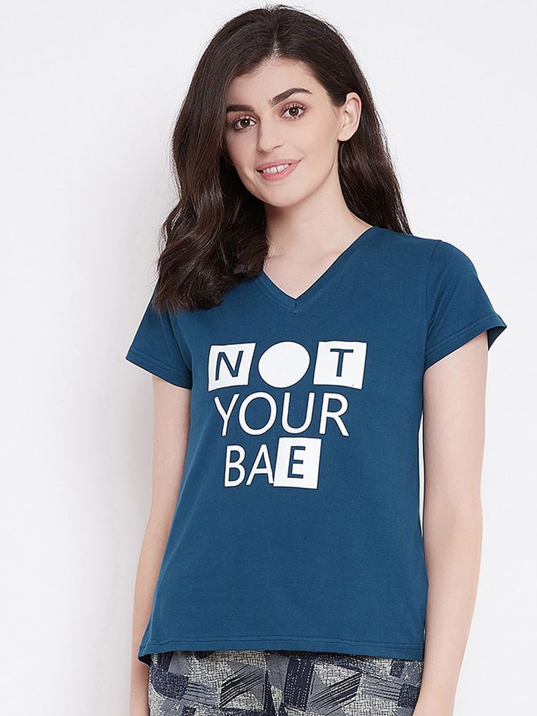 Clovia Women Blue Text Printed Lounge T-shirt Price in India