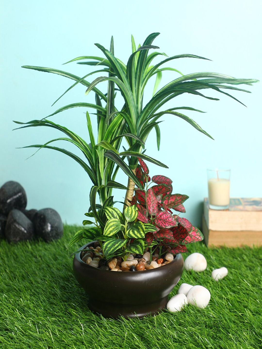 Pollination Green Decorative Artificial Yucca Bonsai with Brown Ceramic Pot Price in India