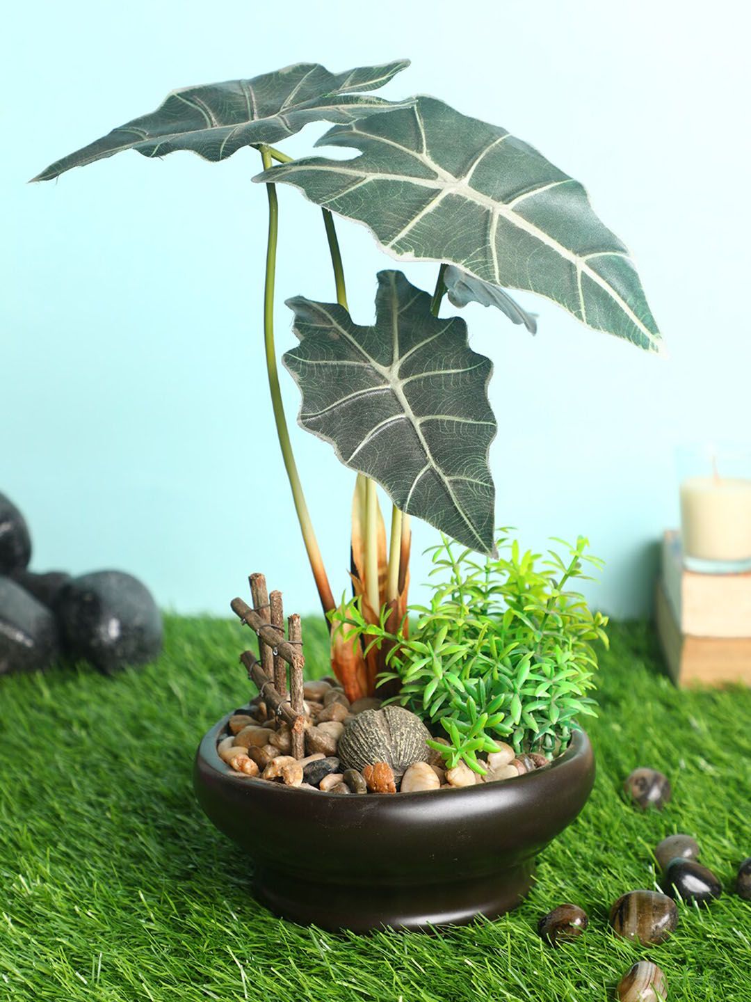 PolliNation Green & Brown Decorative Artificial Alocasia Bonsai with Ceramic Pot Price in India