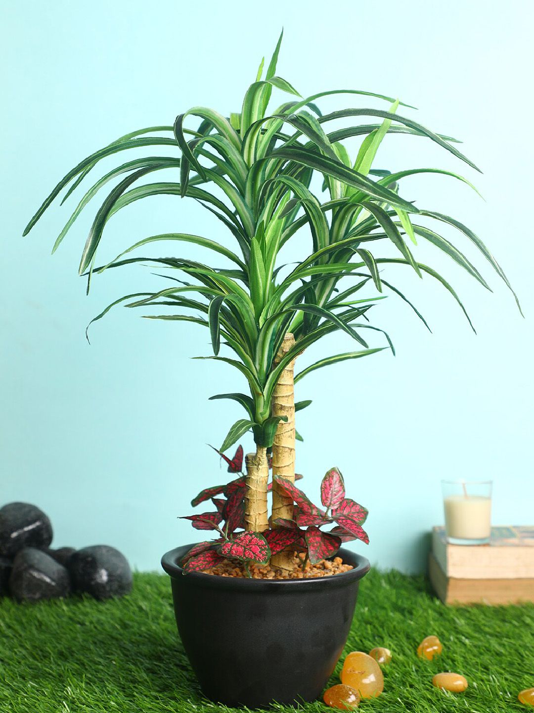 PolliNation Green & Black Stunning Artificial Yucca Bonsai with Ceramic Pot Price in India
