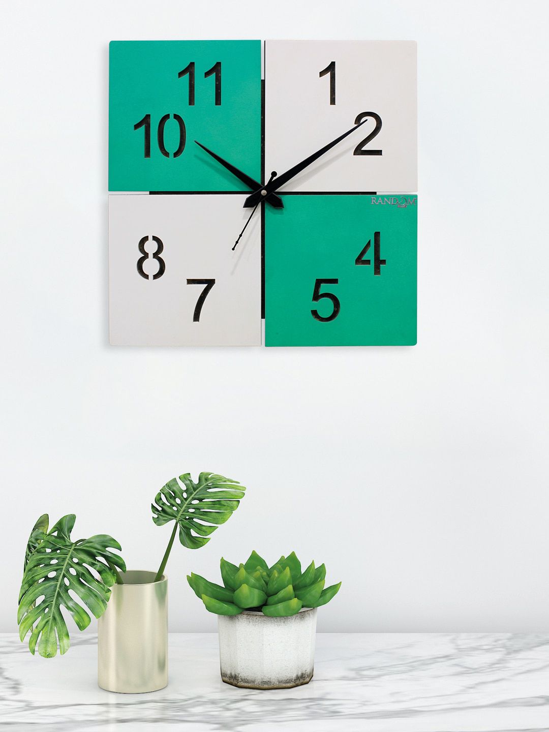 RANDOM Teal Green & White Square Colourblocked Analogue Wall Clock Price in India