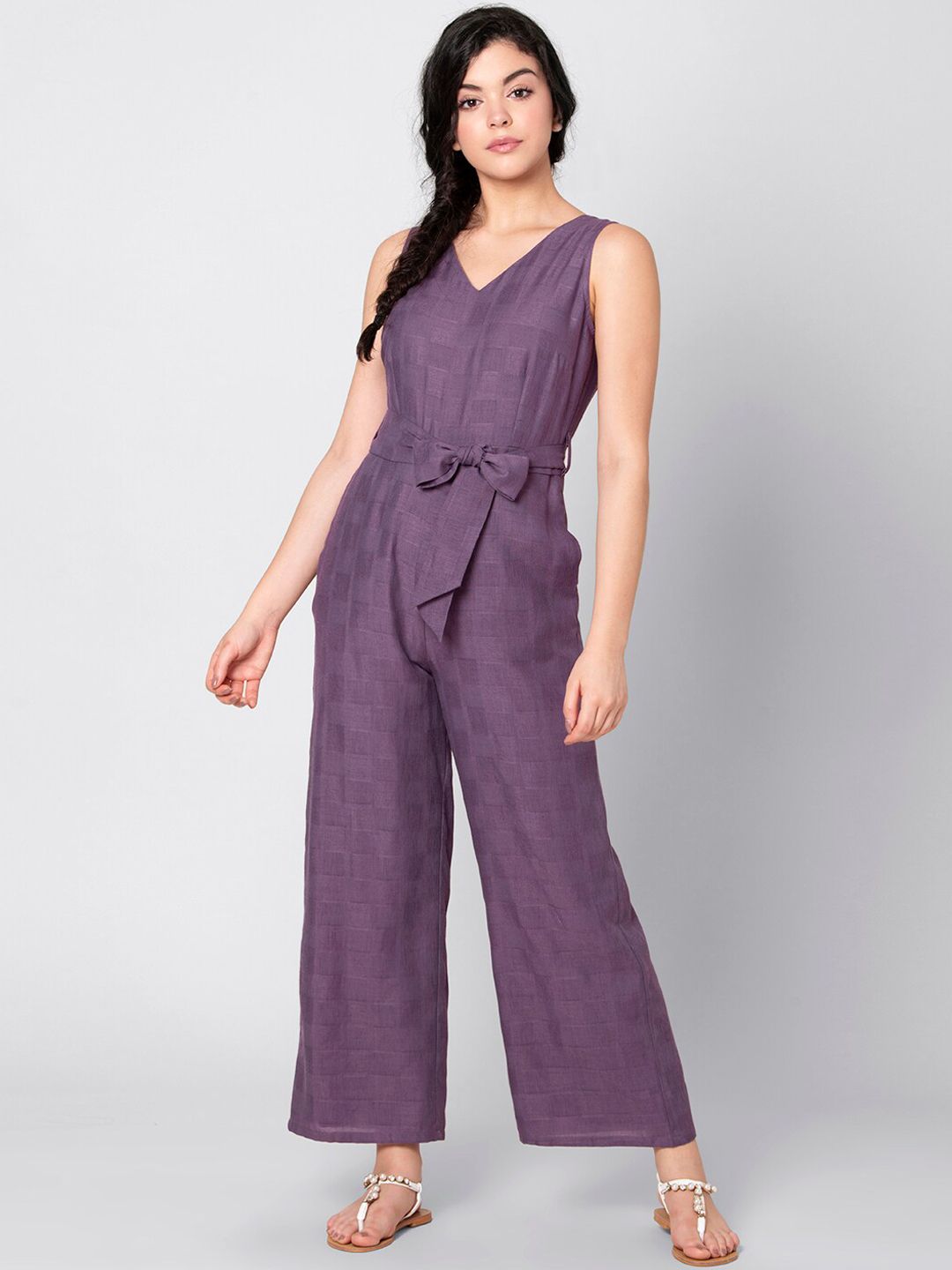 FabAlley Women Purple Checked Basic Jumpsuit Price in India
