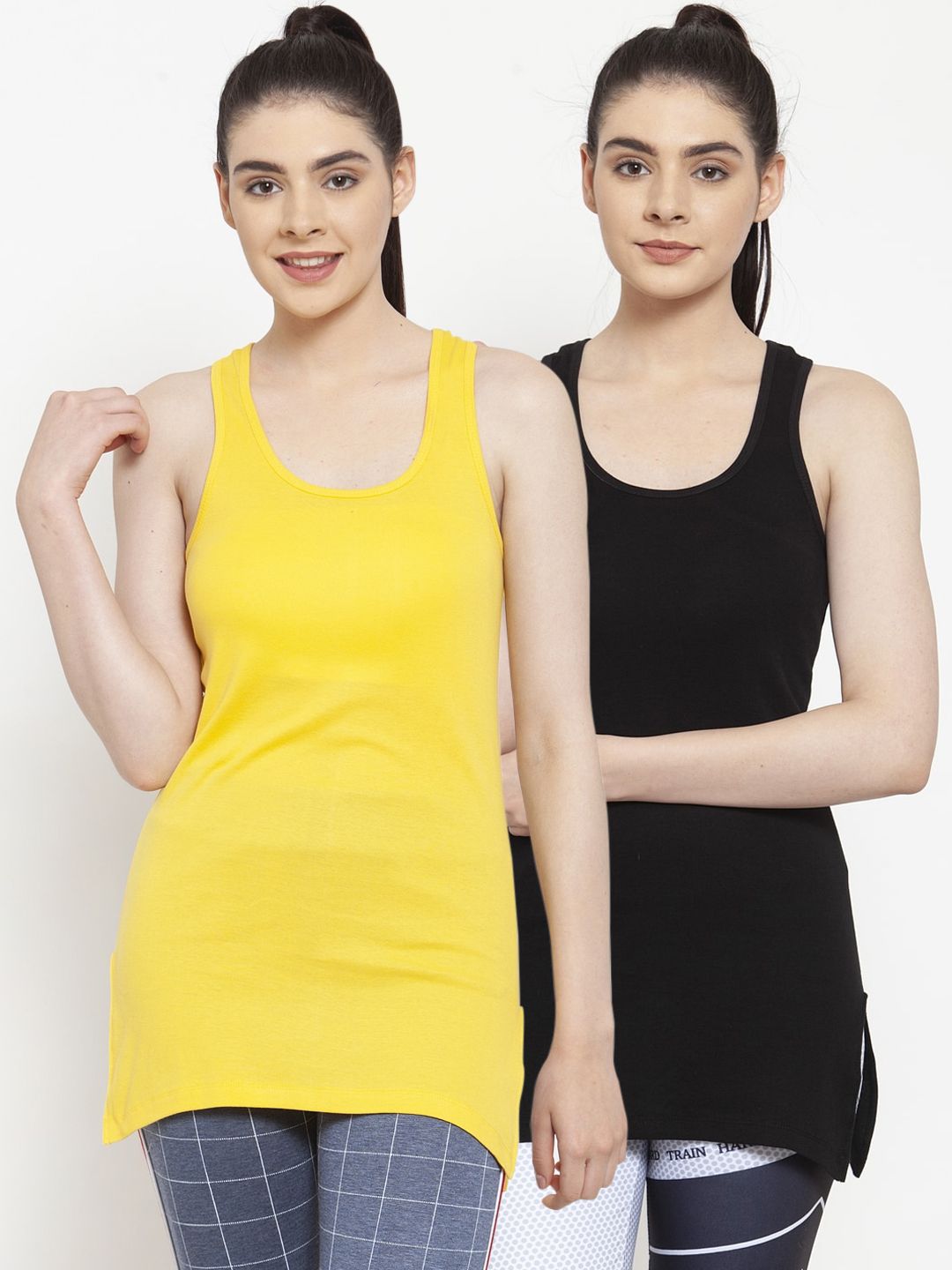 Friskers Women Pack Of 2 Black & Yellow Solid Tank Top