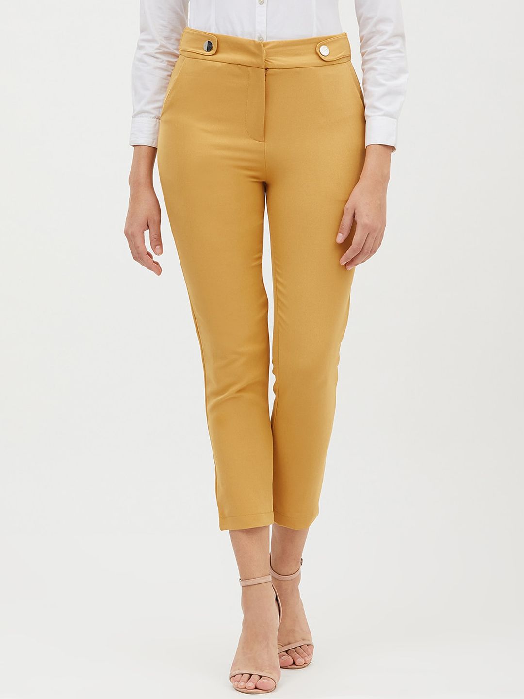 Harpa Women Mustard Yellow Smart Regular Fit Solid Cigarette Trousers Price in India