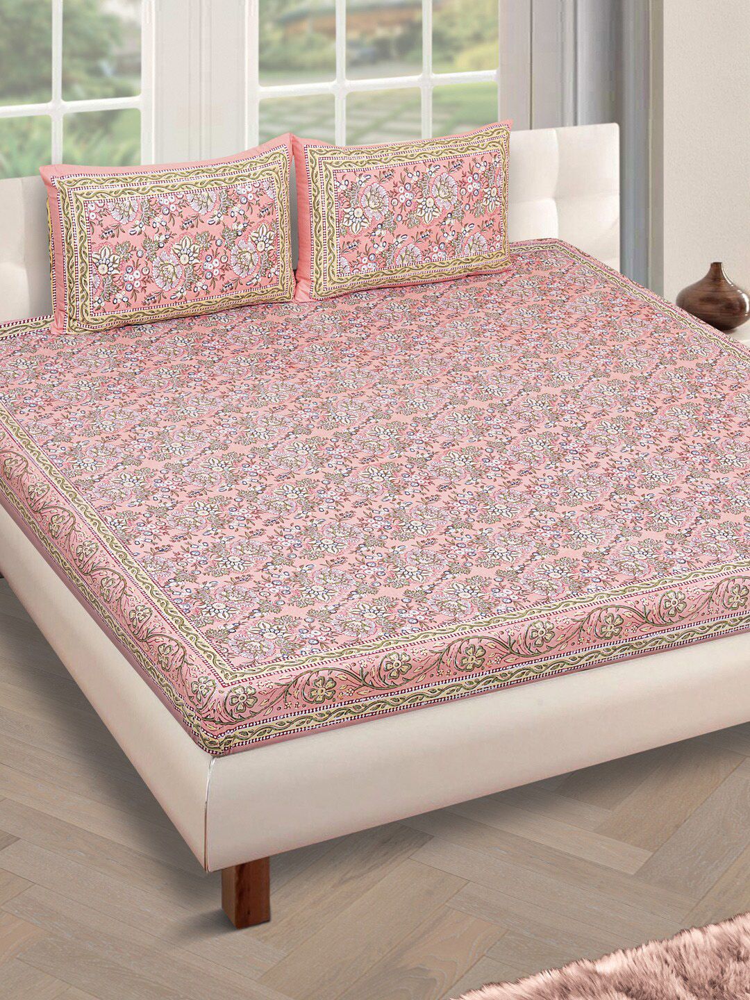 ROMEE Peach-Coloured Floral 180 TC Cotton 1 King Bedsheet with 2 Pillow Covers Price in India