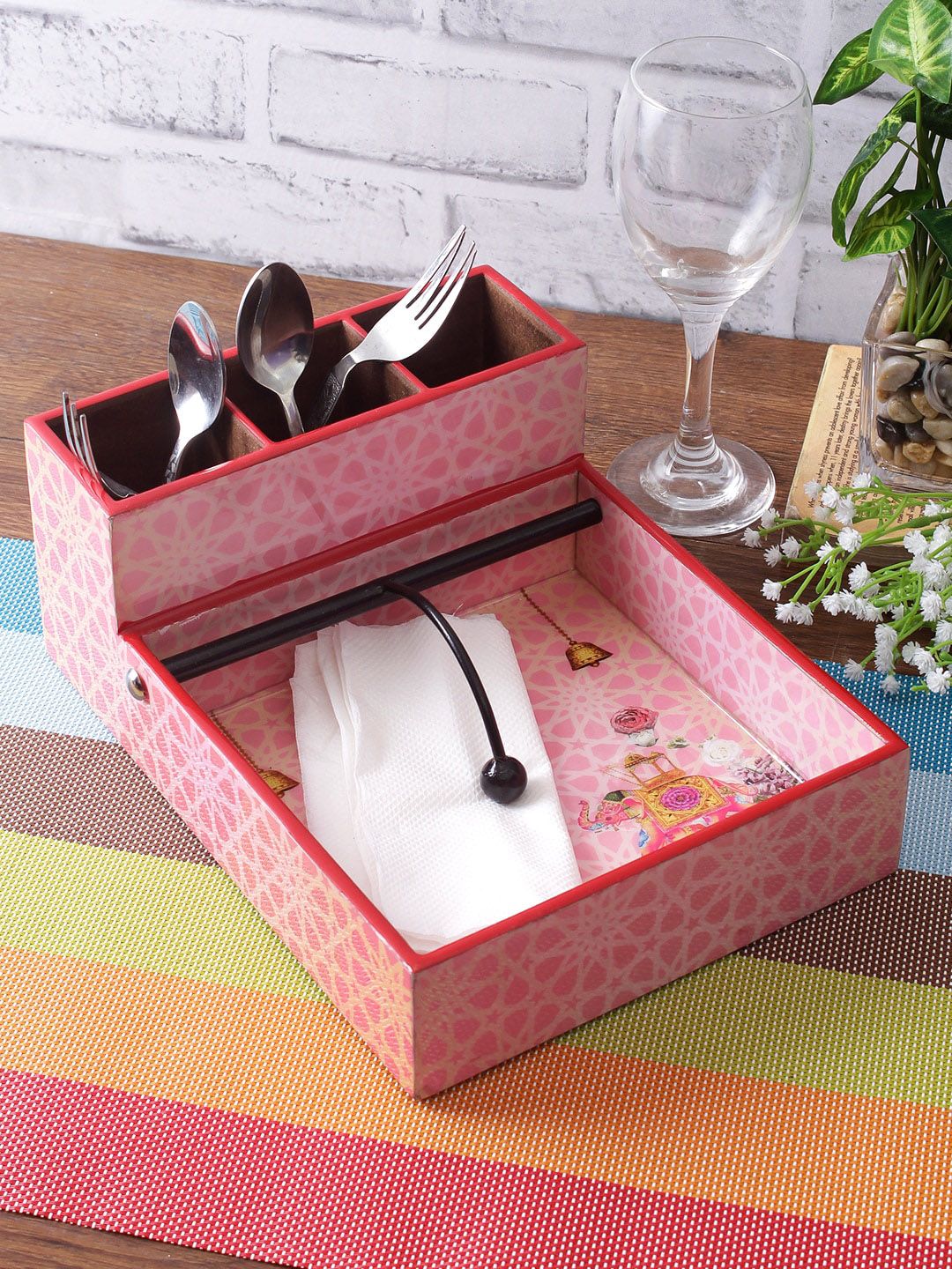 Pink Color Digital Printed MDF Cutlery and Tissue Holder Price in India