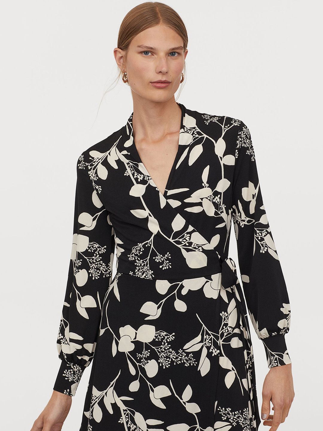 H&M Women Black & White Floral Printed Calf-length Wrap Dress