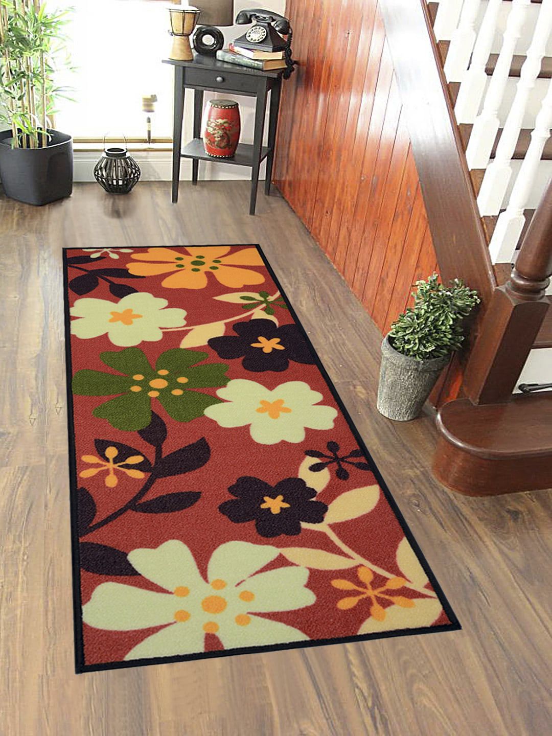 Saral Home Red & Black Floral Anti-Skid Floor Runner Price in India