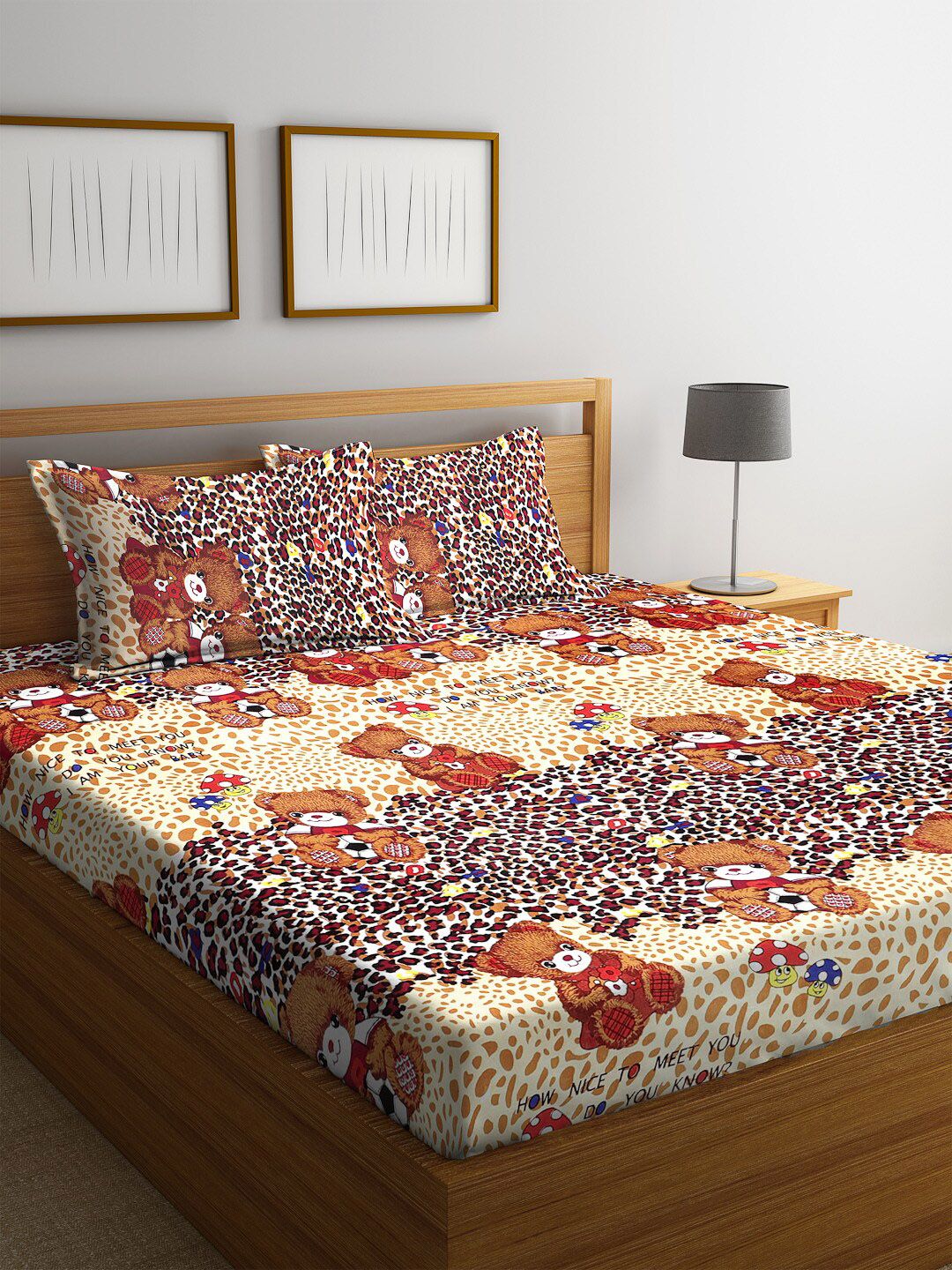 ROMEE Beige & Red Cartoon Characters 144 TC Cotton 1 Queen Bedsheet with 2 Pillow Covers Price in India
