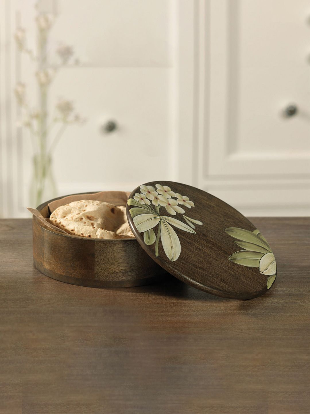 ellementry Brown & Green Handcrafted Frangipani Wooden Roti Box Price in India