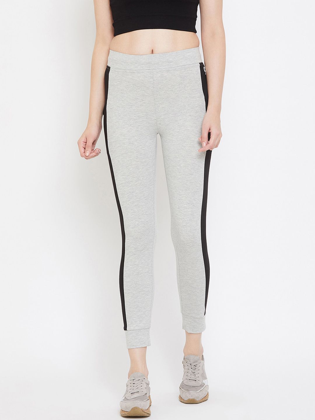 C9 AIRWEAR Women Grey Melange & Black Side Panelled Slim Fit Joggers Price in India