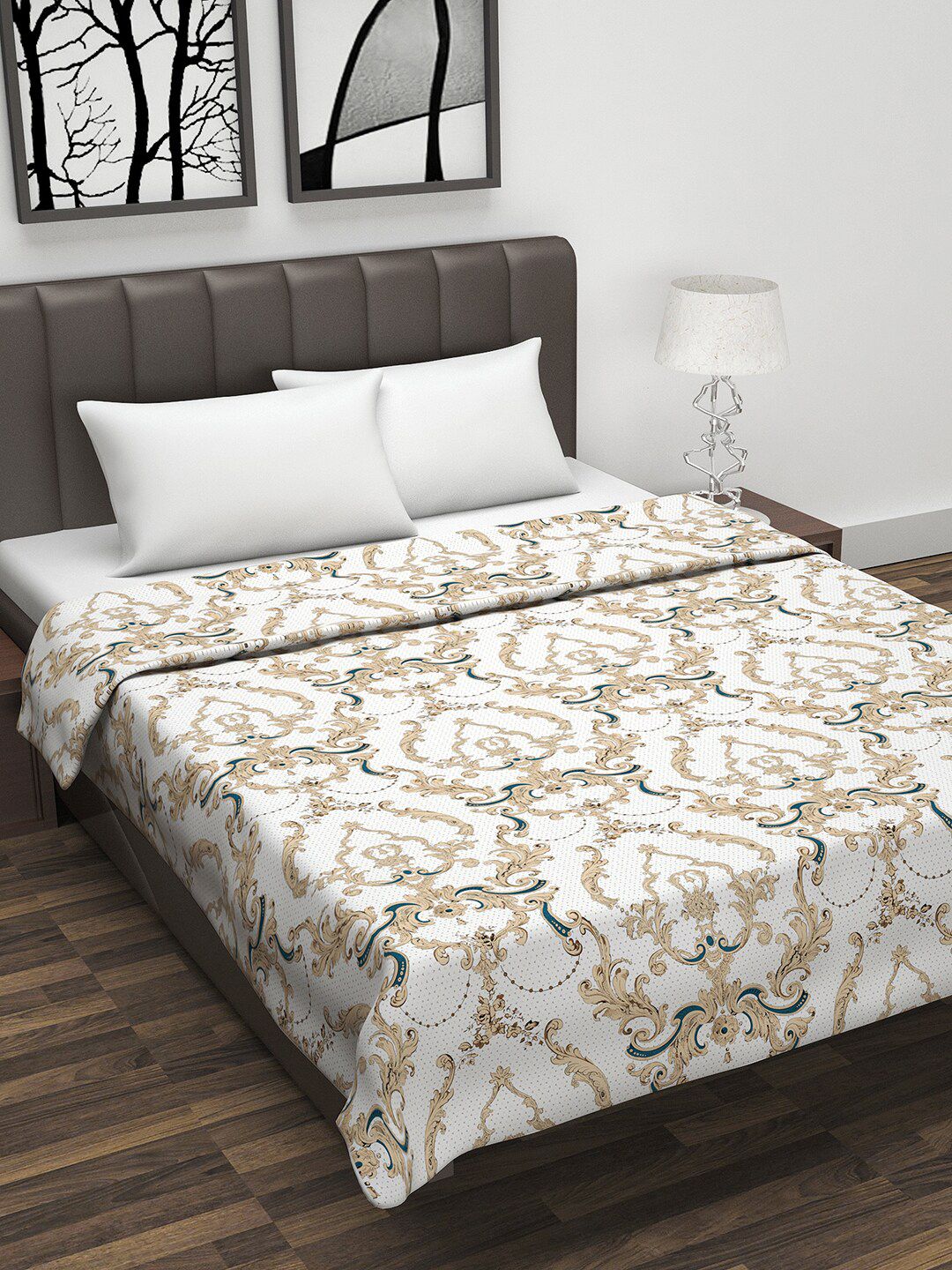Divine Casa White & Brown Abstract AC Room 110 GSM Double Bed Dohar Price in India